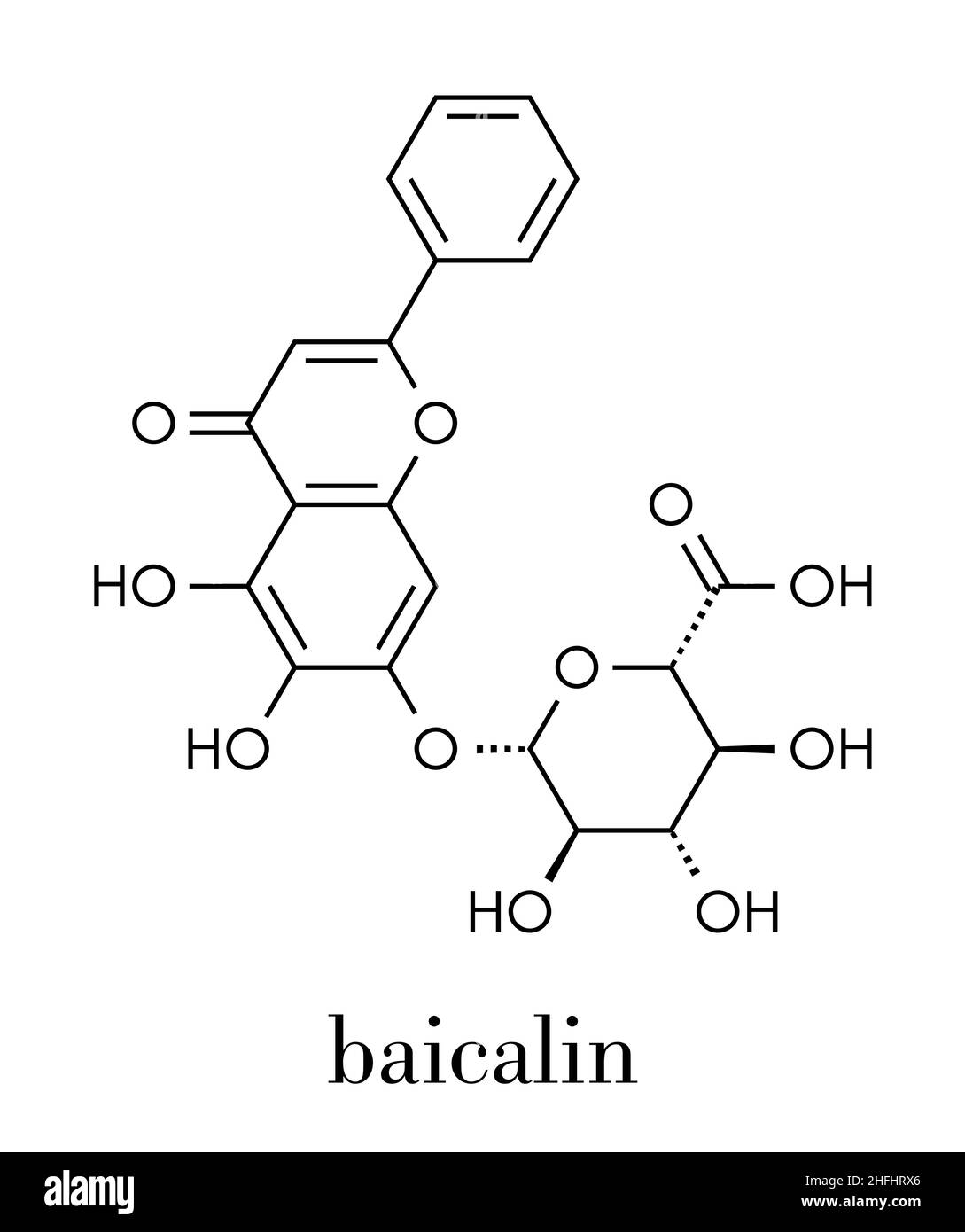 Molecola di baicalin flavonoide. Formula scheletrica. Illustrazione Vettoriale