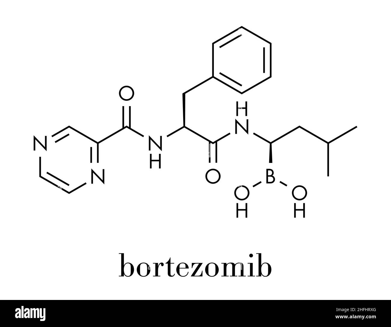 Bortezomib cancro farmaco (inibitore di proteasoma molecola). Formula di scheletro. Illustrazione Vettoriale