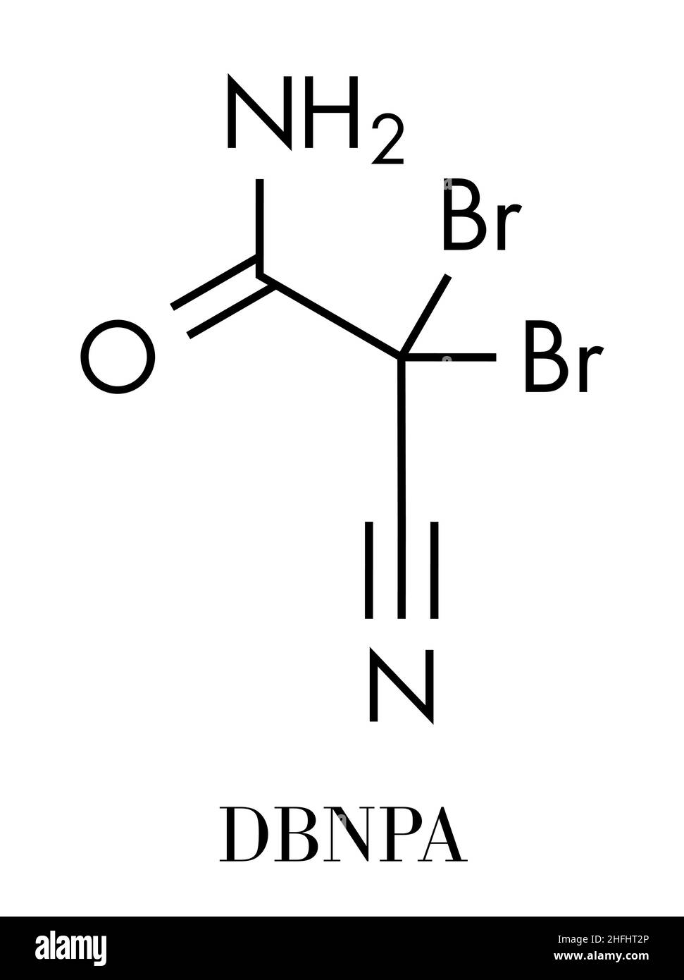 DBNPA (2,2-dibromo-3-nitrilopropionamide) biocida, struttura chimica. Quick-kill biocida che rapidamente si scompone in acqua. Formula di scheletro. Illustrazione Vettoriale