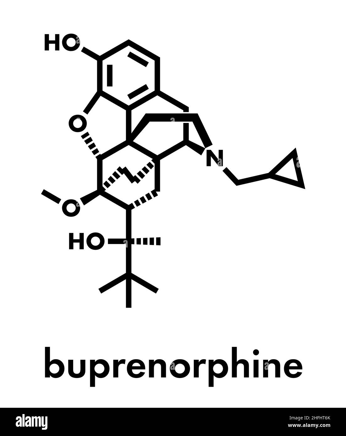 Dipendenza da oppioidi da buprenorfina e molecola di farmaco antidolorifico. Formula scheletrica. Illustrazione Vettoriale
