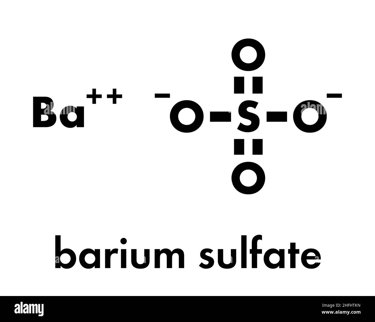 Solfato di bario (BaSO4) struttura cristallina. Usato come pigmento di vernice e agente di radiocontrasto. Formula scheletrica. Illustrazione Vettoriale