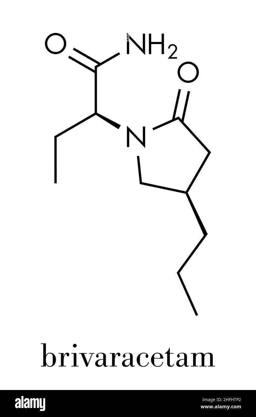 Molecola di farmaco anticonvulsivante Brivaracetam. Usato nel trattamento delle crisi epilettiche. Formula scheletrica. Illustrazione Vettoriale