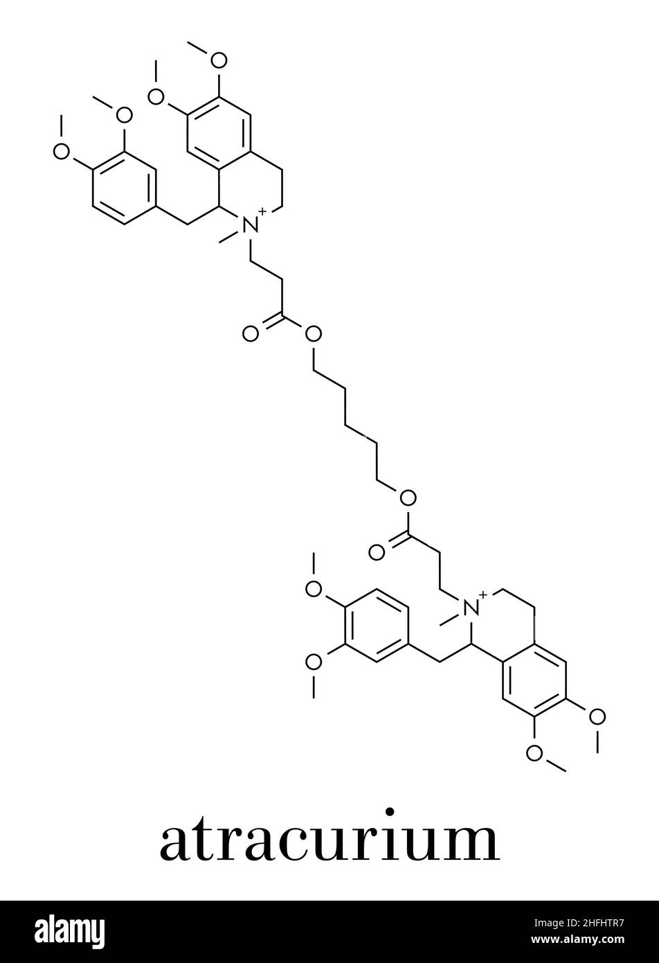 Atracurio muscolo scheletrico rilassante farmaco. Utilizzato come coadiuvante in anestesia e per indurre il rilassamento del muscolo scheletrico durante l'intervento chirurgico. Formula scheletrica. Illustrazione Vettoriale