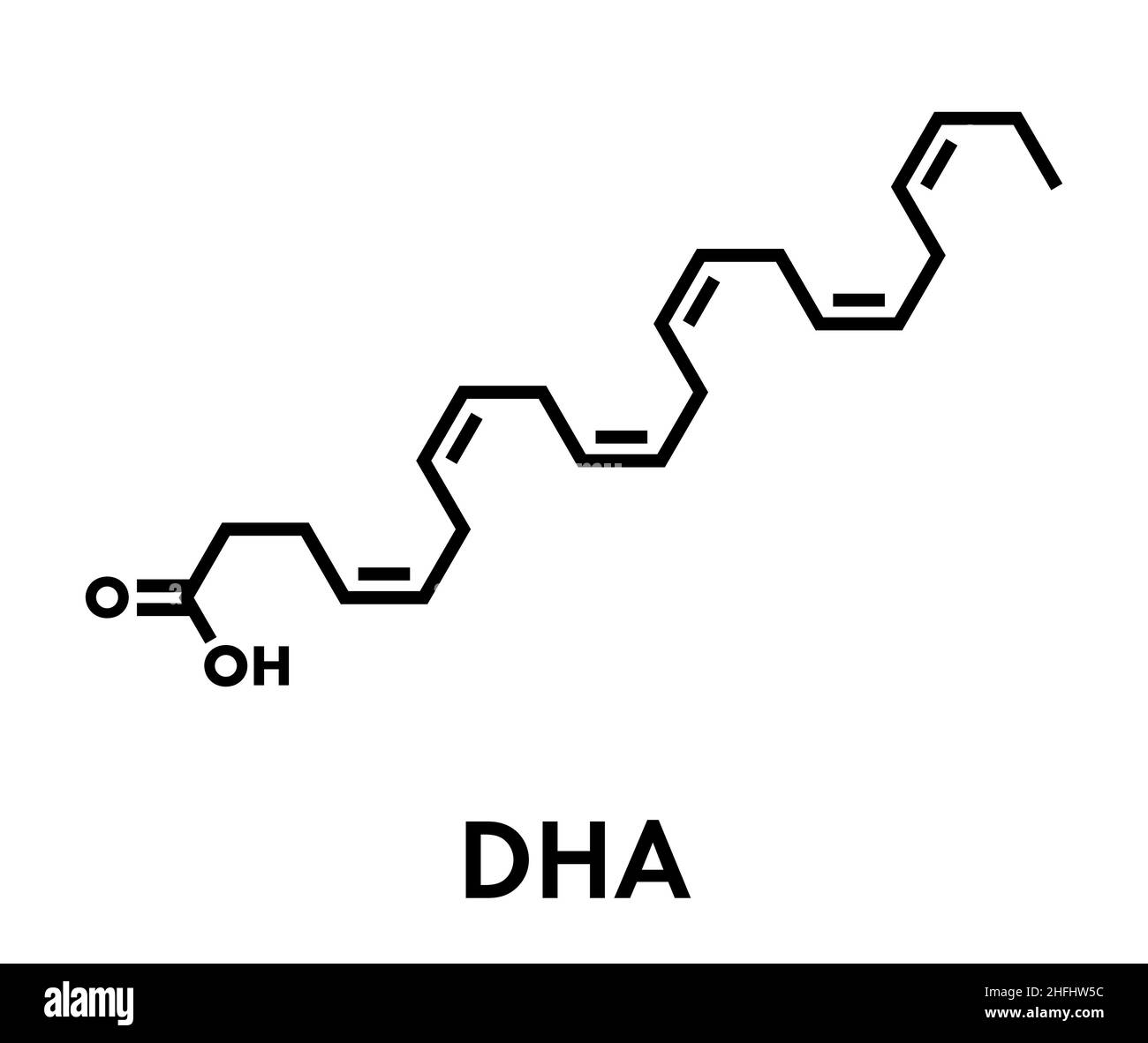 Acido docosaesaenoico (DHA, acido cervonic molecola). Polinsaturo Omega-3 di acidi grassi presenti nell'olio di pesce. Formula di scheletro. Illustrazione Vettoriale