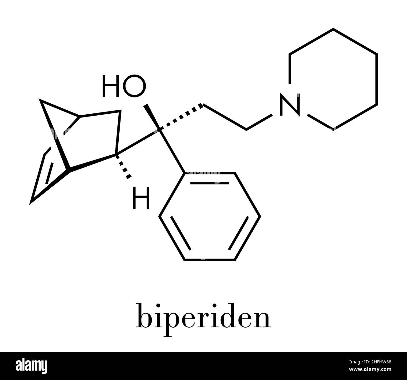 Il biperidene morbo di Parkinson molecola di farmaco. Formula di scheletro. Illustrazione Vettoriale
