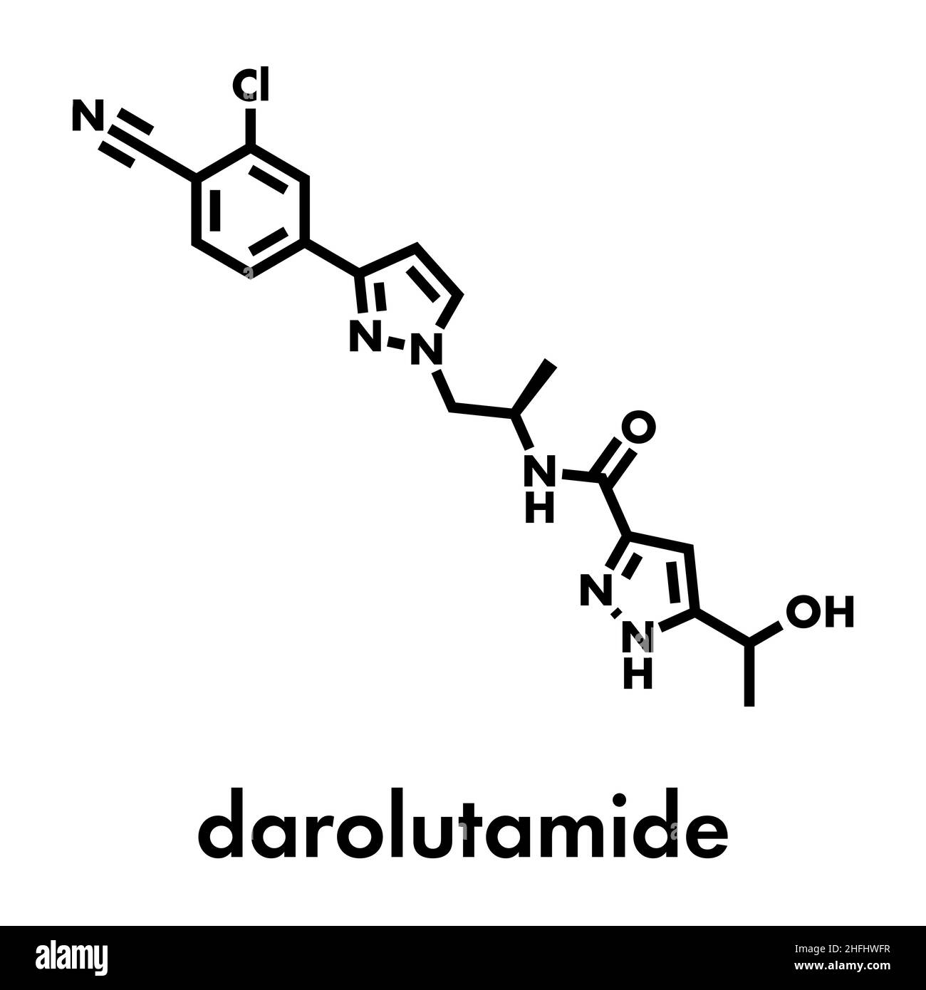 Darolutamide cancro della prostata molecola di farmaco. Formula di scheletro. Illustrazione Vettoriale