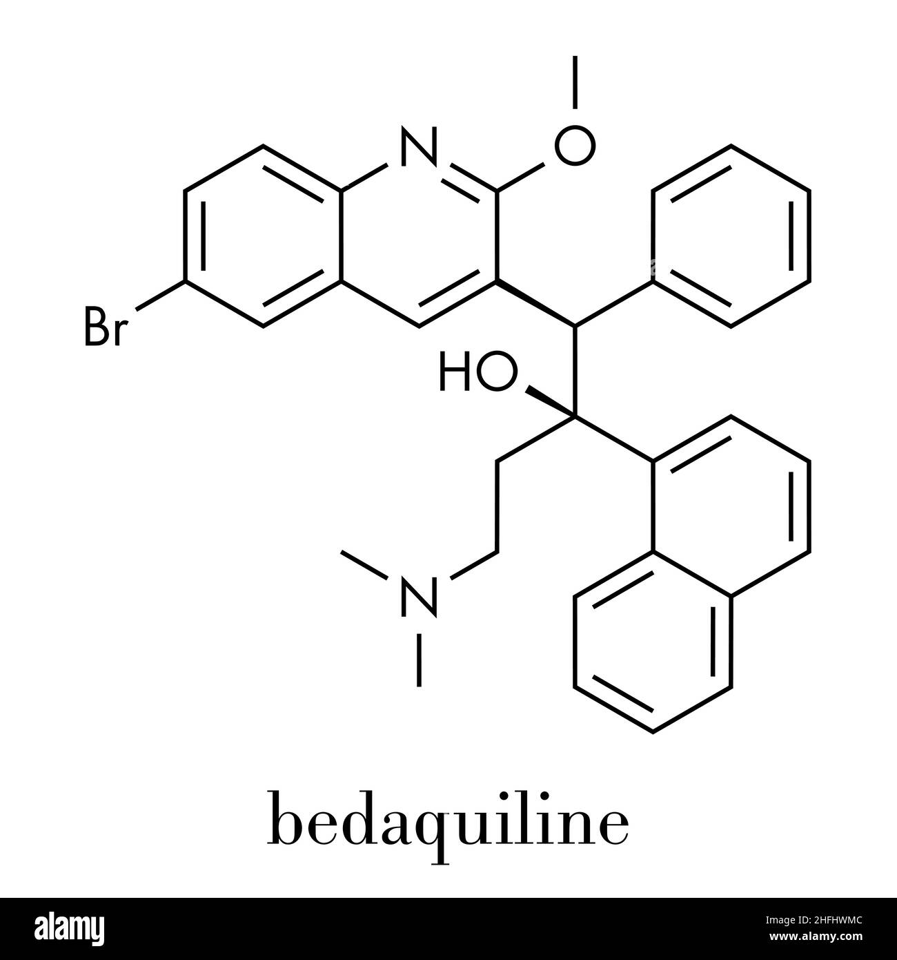 Bedaquilina tubercolosi droga. Diarilchinolina antibatterico utilizzato nel trattamento delle infezioni da micobatterio tuberculosis. Formula scheletrica. Illustrazione Vettoriale