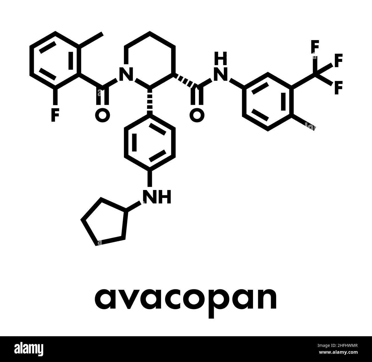 Molecola di farmaco di Avacopan. Formula scheletrica. Illustrazione Vettoriale