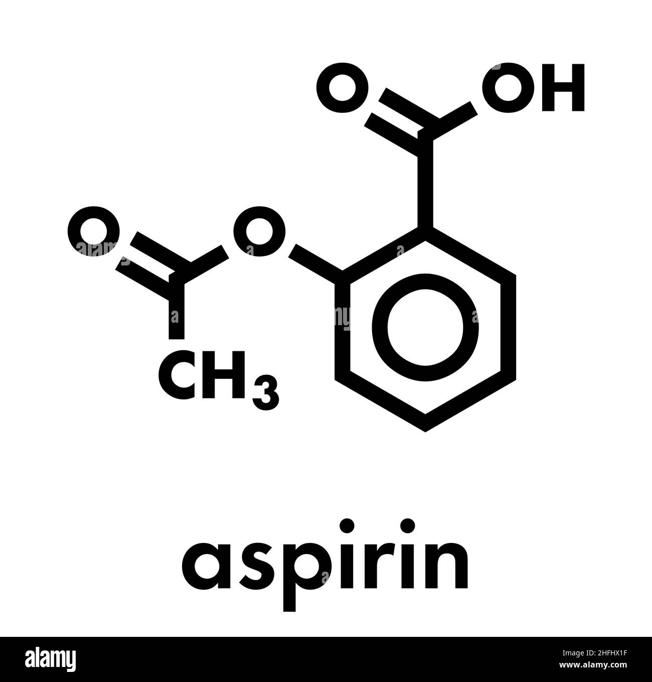 Molecola di farmaco dell'acido acetilsalicilico (aspirina). Formula scheletrica. Illustrazione Vettoriale