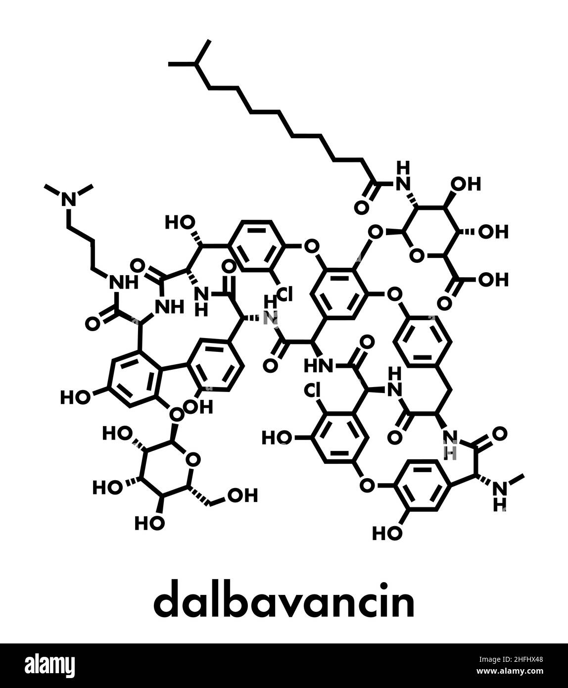 Dalbavancin glicopeptide antibiotico molecola farmaco. Usato nel trattamento delle infezioni da Staphylococcus aureus e Streptococcus pyogenes. Formula scheletrica. Illustrazione Vettoriale