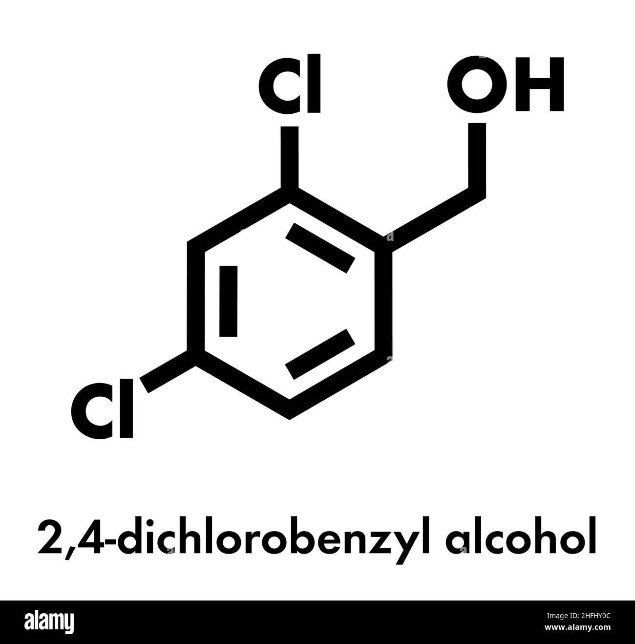 molecola antisettica di 2,4-diclorobenzil alcool. Usato nei losanghe per trattare la gola irritata. Formula scheletrica. Illustrazione Vettoriale