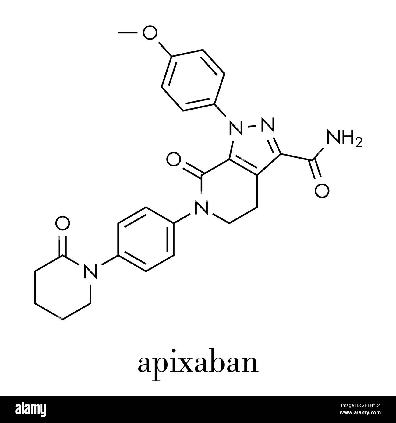 Apixaban farmaco anticoagulante molecola (diretto inibitore FXa). Formula di scheletro. Illustrazione Vettoriale
