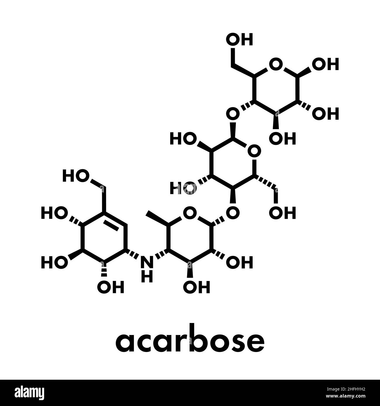 Molecola di farmaco per il diabete acarbosio. Blocca la digestione dei carboidrati inibendo gli enzimi alfa-glucosidasi. Formula scheletrica. Illustrazione Vettoriale