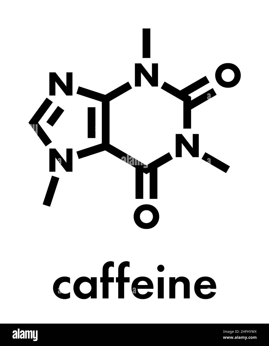 Molecola stimolante la caffeina. Presente in caffè, tè e molte bevande analcoliche ed energetiche. Formula scheletrica. Illustrazione Vettoriale