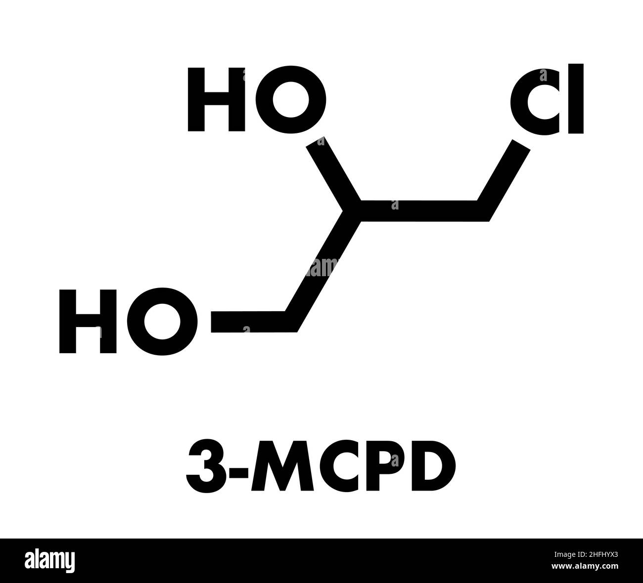 3-MCPD cancerogene da alimentare-molecola prodotto. Prodotto quando è stato aggiunto acido cloridrico al cibo per accelerare l'idrolisi proteica. Formula di scheletro. Illustrazione Vettoriale