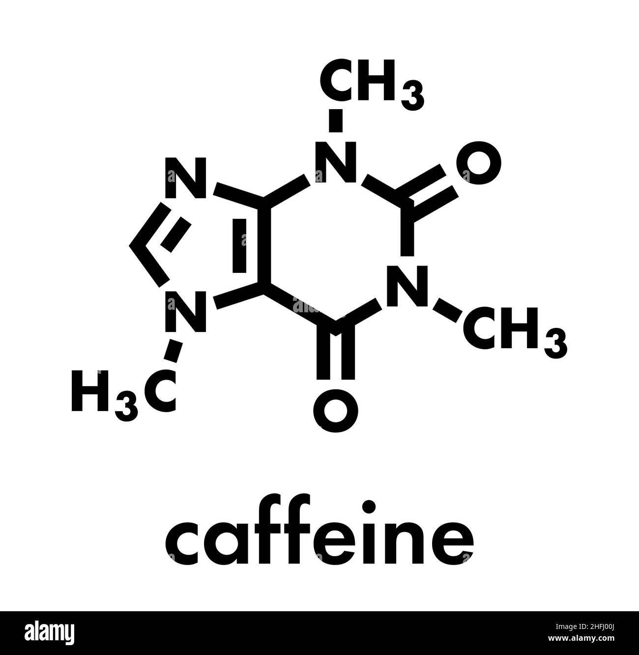 Molecola stimolante la caffeina. Presente in caffè, tè e molte bevande analcoliche ed energetiche. Formula scheletrica. Illustrazione Vettoriale