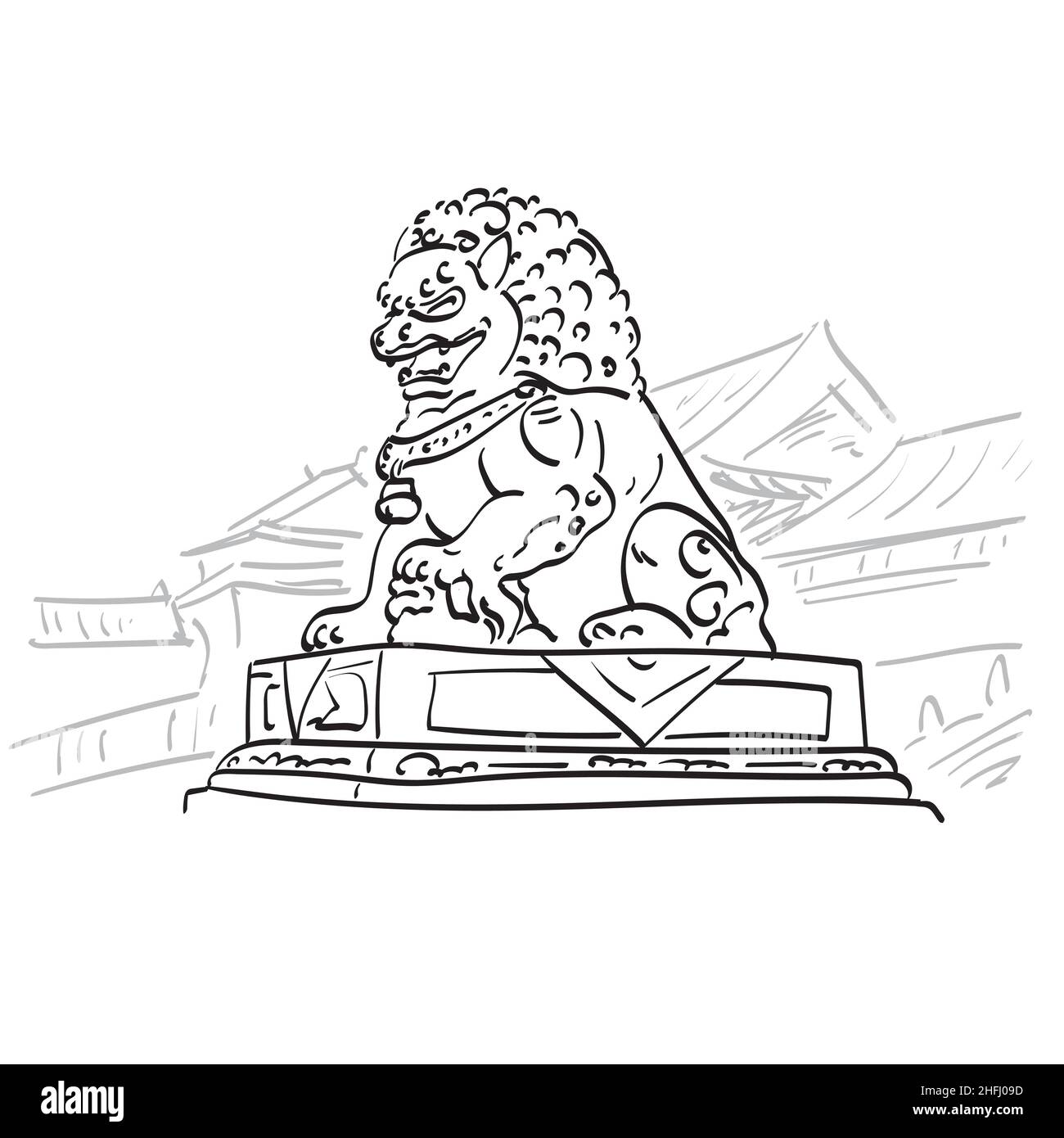 Grande leone di bronzo nella città proibita a Pechino punto di riferimento del vettore di illustrazione della Cina disegnato a mano isolato su sfondo bianco arte Illustrazione Vettoriale