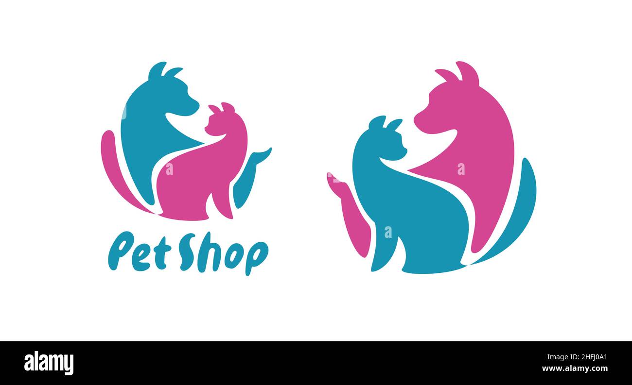 Logo del negozio di animali domestici con cane e gatto. Illustrazione vettoriale del simbolo della clinica veterinaria Illustrazione Vettoriale