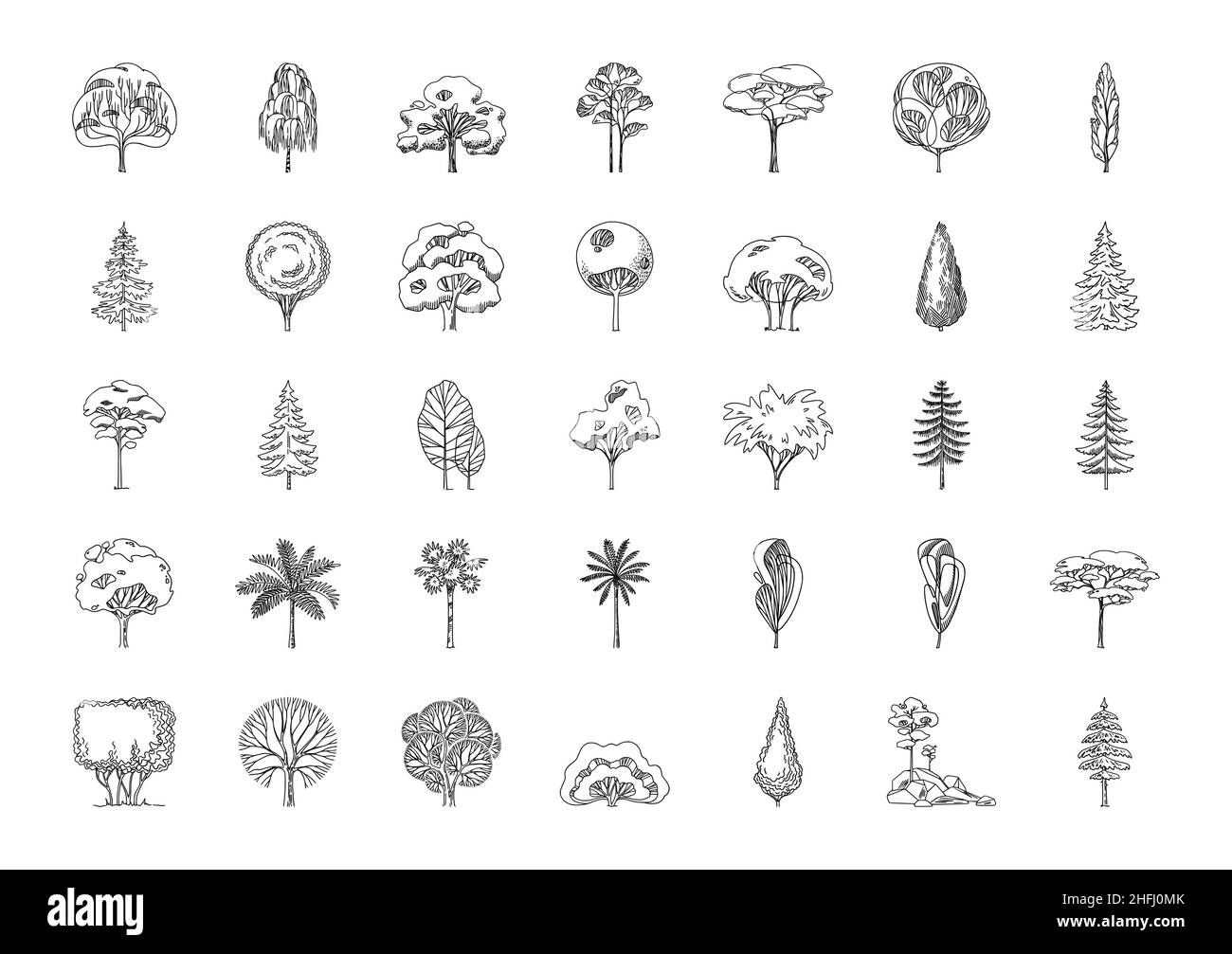 Grande set di icone di diverse silhouette ad albero. Illustrazione Vettoriale