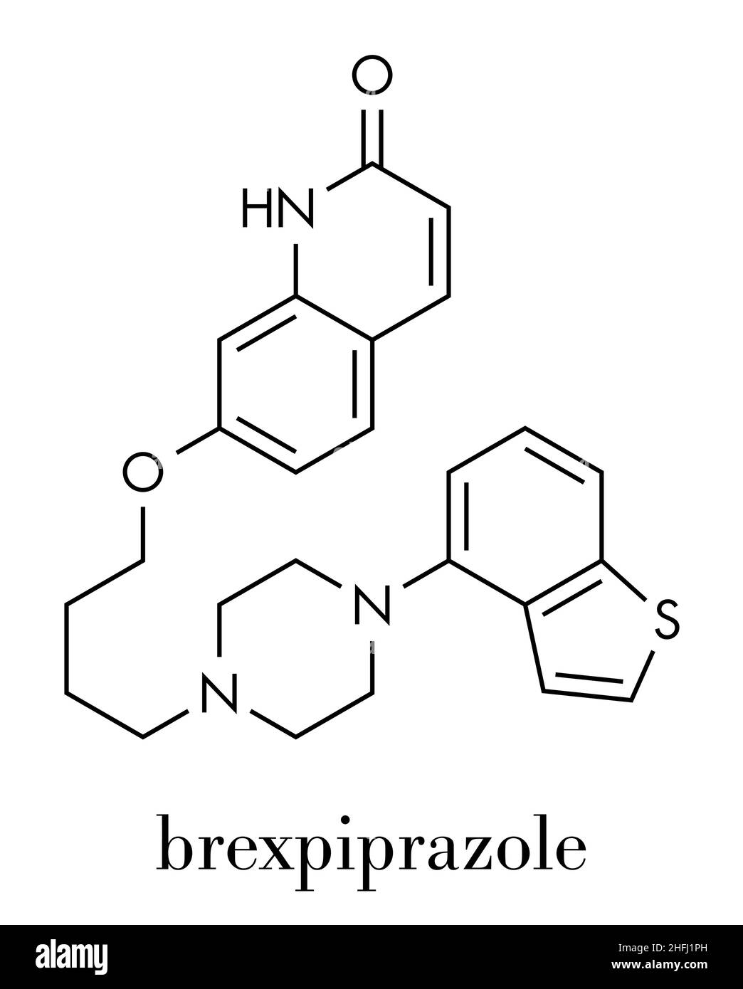 Brexpiprazole farmaco antipsicotico molecola. Formula di scheletro. Illustrazione Vettoriale