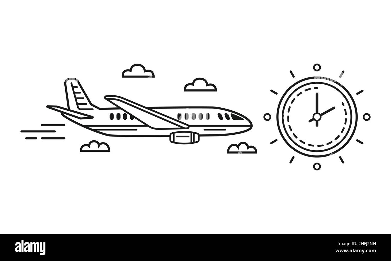 Orario del volo aereo orario del viaggio, ora di partenza o di arrivo, icona della linea di durata dell'aeromobile. Stato della data di volo. Prenotazione del biglietto aereo con timer. Vettore Illustrazione Vettoriale