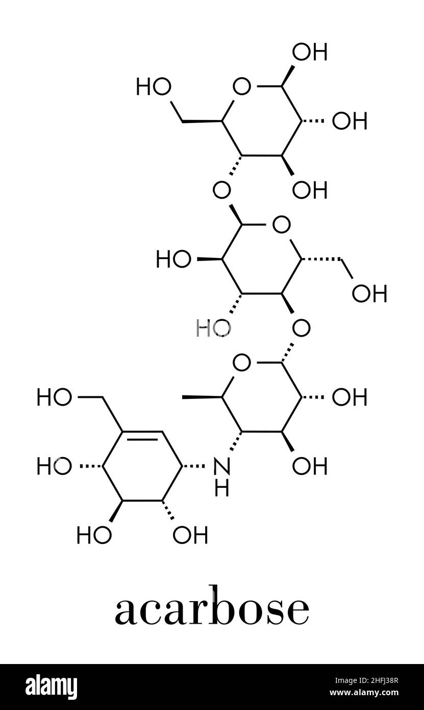 Molecola di farmaco per il diabete acarbosio. Blocca la digestione dei carboidrati inibendo gli enzimi alfa-glucosidasi. Formula scheletrica. Illustrazione Vettoriale