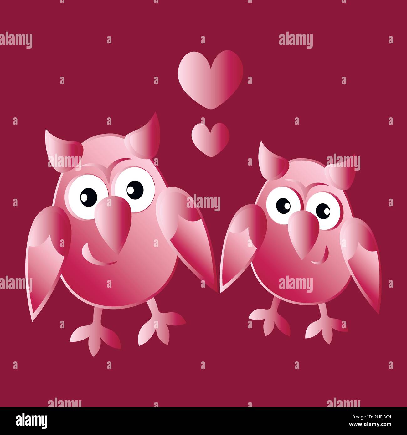 Illustrazione su sfondo quadrato - due gufi innamorati del cuore. Uccelli cartoni animati. Pastiche. Disegno figli. Elemento di design di libri, taccuini, cartoline, articoli per interni Illustrazione Vettoriale