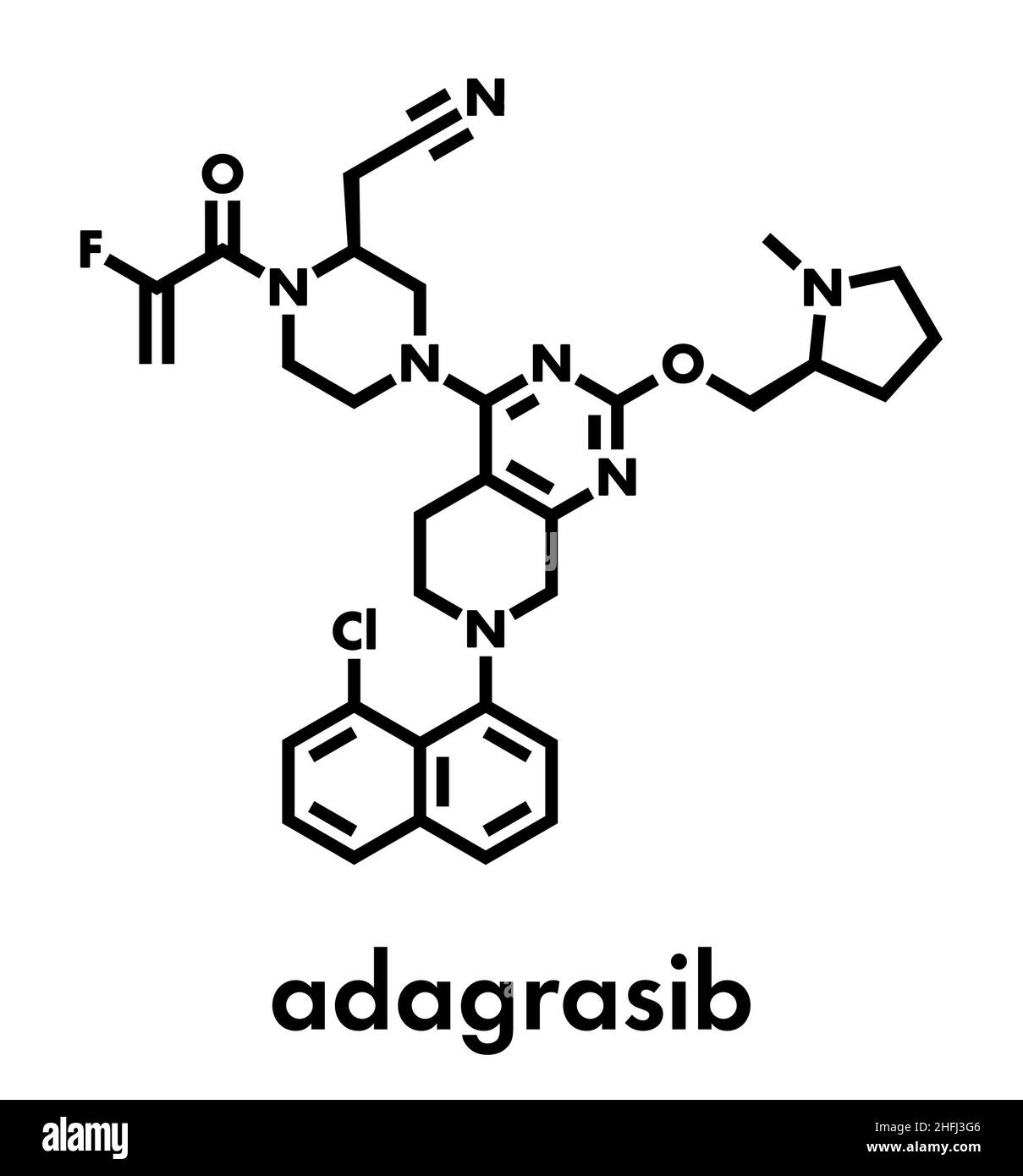 Molecola di farmaco del cancro di Adagrasib. Formula scheletrica. Illustrazione Vettoriale