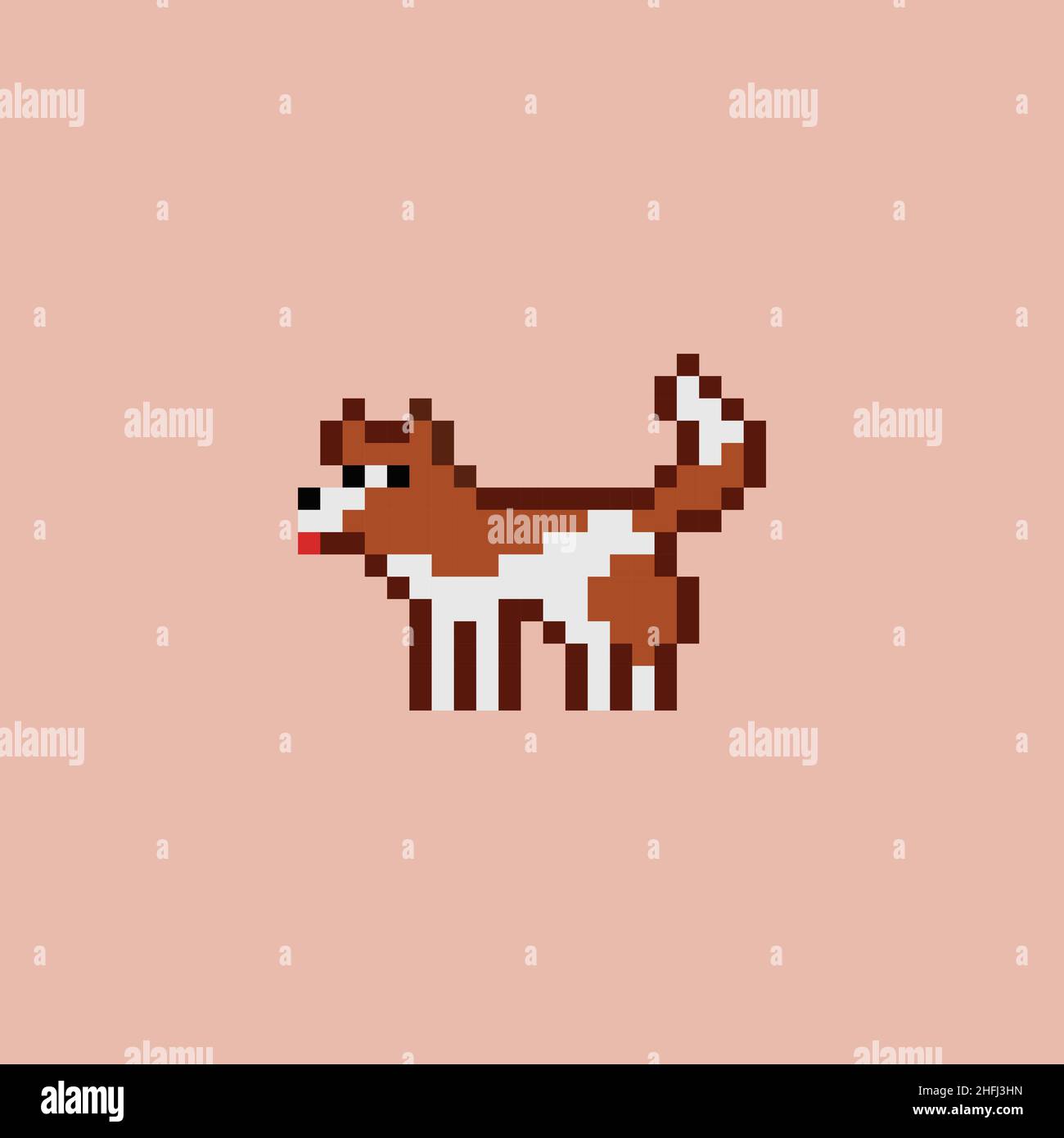 Immagine vettoriale pixel art retro PET cartoon - cane marrone e bianco colore, disegno del gioco 8 bit sprite animale illustrazione Illustrazione Vettoriale