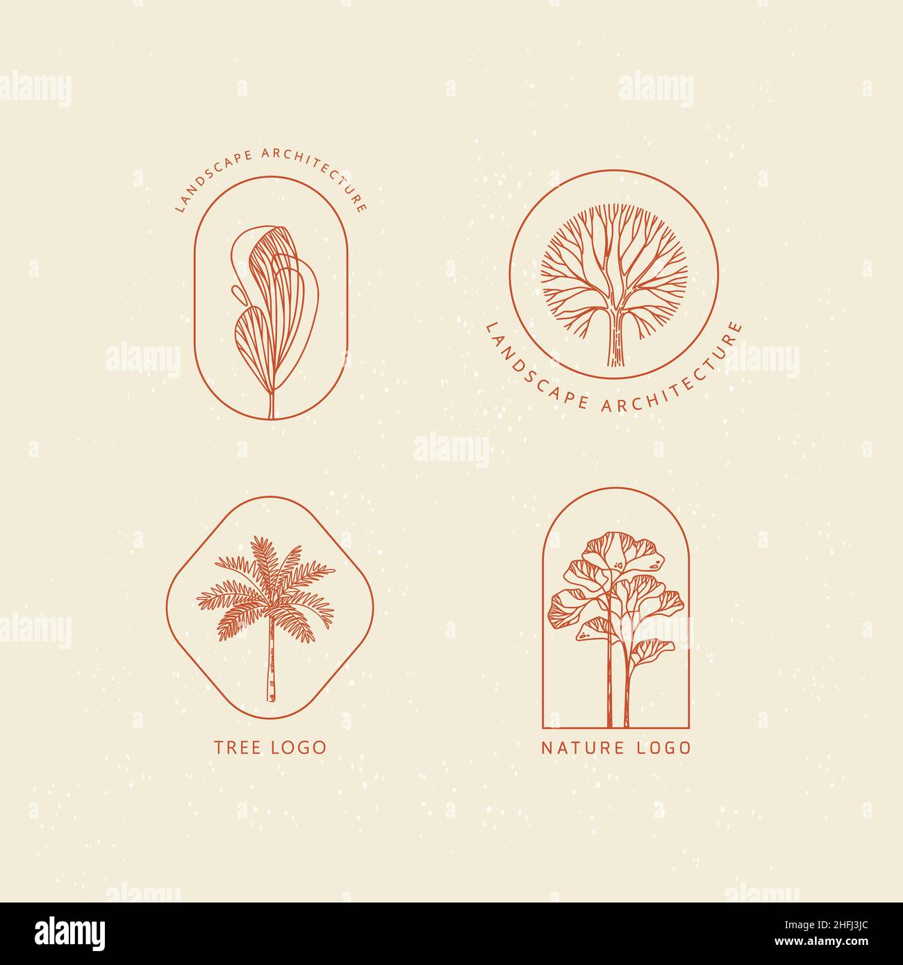 Set di pacchetto natura palma, albero logo vettore linea arte disegno minimalista. Illustrazione Vettoriale