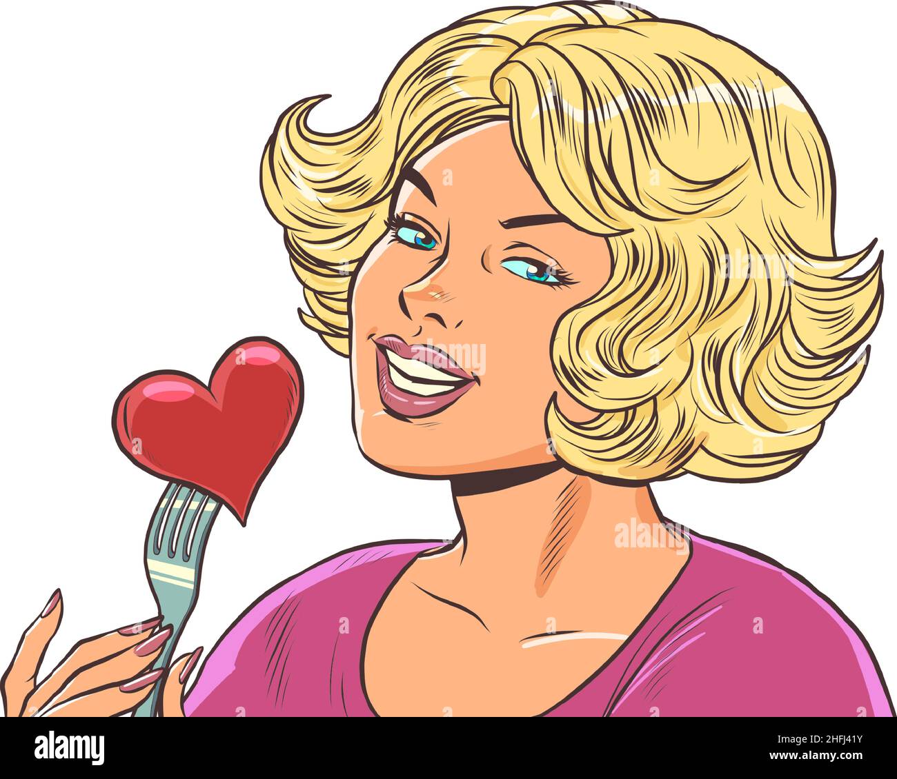 Bella donna mangia un cuore rosso valentine, amore in un ristorante Illustrazione Vettoriale