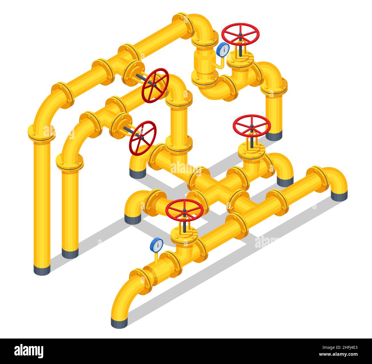 Valvole isometriche e tubazioni, comunicazioni, valvole di arresto, apparecchiature per stazioni di pompaggio gas. Apertura o chiusura della valvola della tubazione. Industria del gas, gas Illustrazione Vettoriale