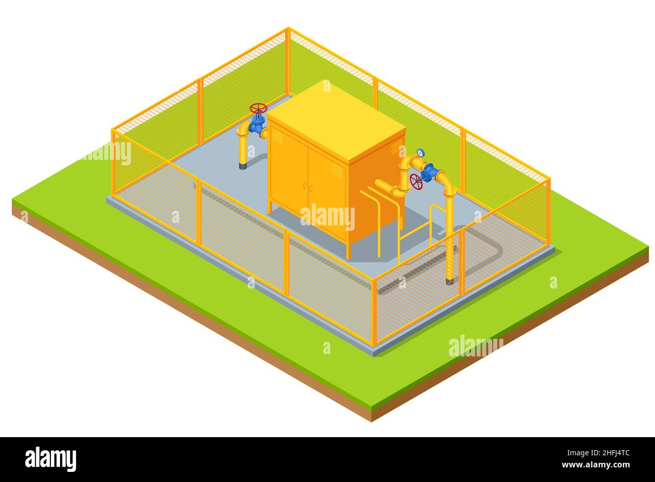 Valvole isometriche e tubazioni, comunicazioni, valvole di arresto, apparecchiature per stazioni di pompaggio gas. Apertura o chiusura della valvola della tubazione. Industria del gas, gas Illustrazione Vettoriale