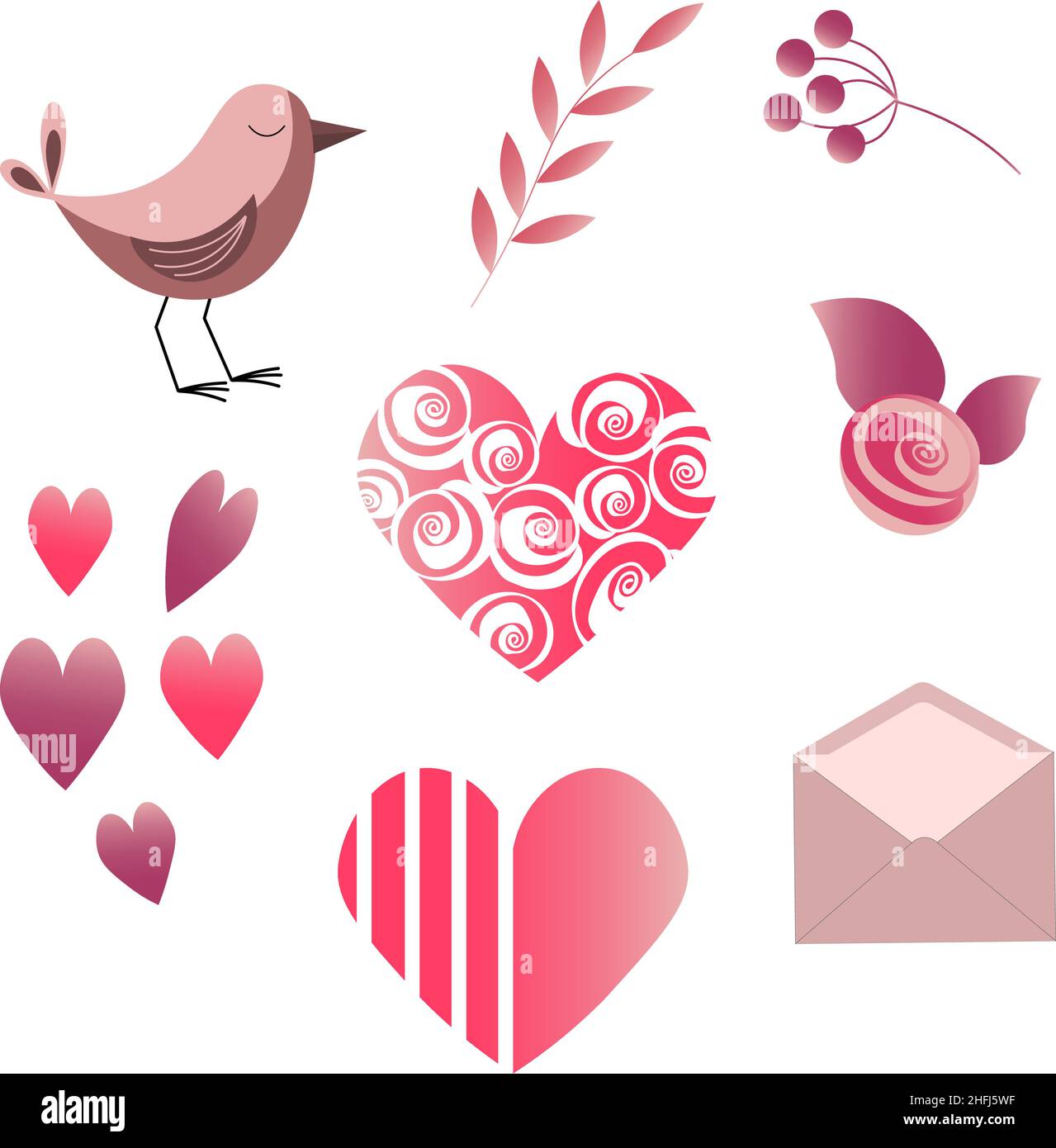 set giorno san valentino uccello, rose, ramo con foglie e cuori, busta postale. Illustrazione Vettoriale
