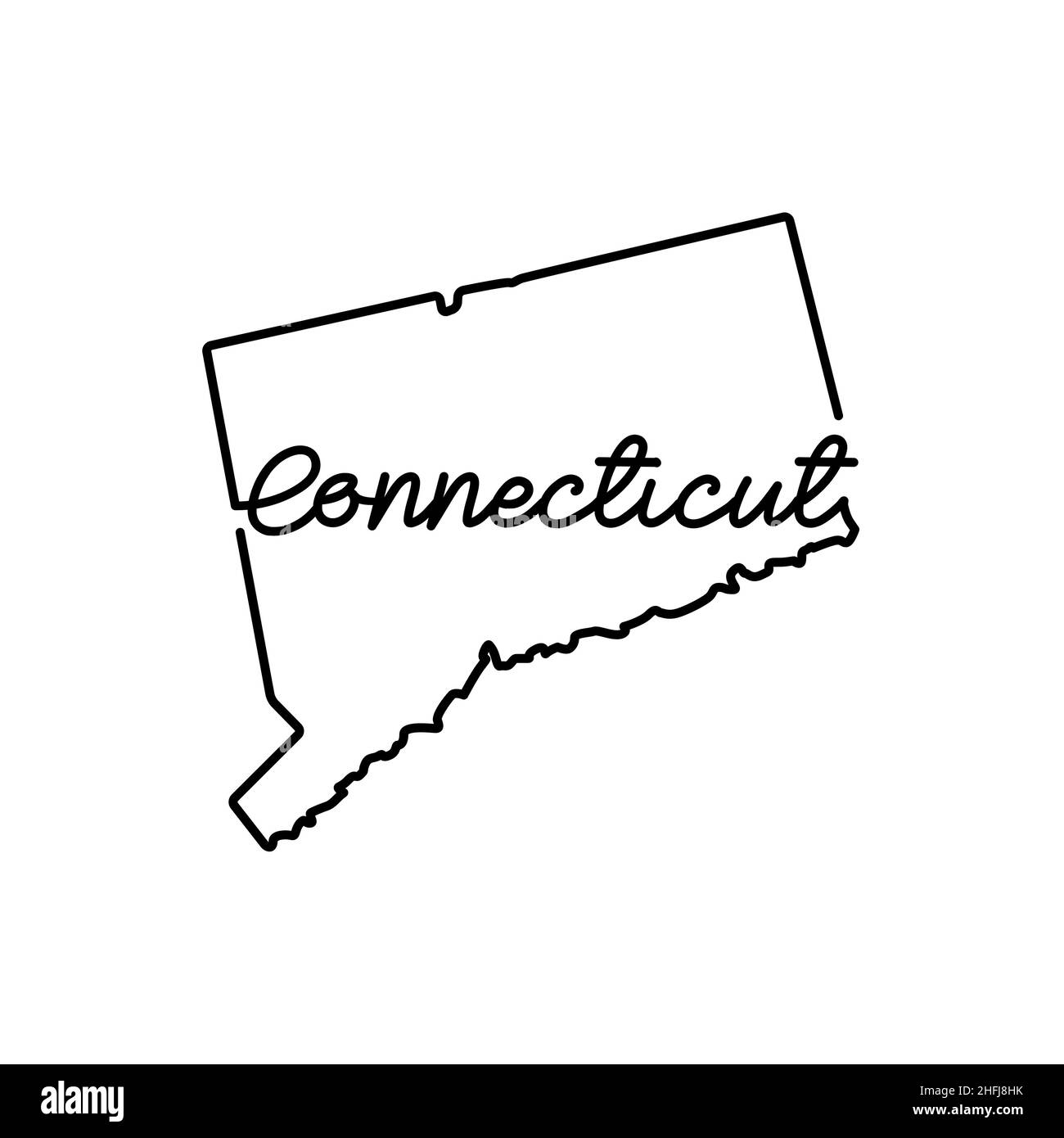 Mappa dello stato del Connecticut USA con il nome dello stato scritto a mano. Linea continua di segno di casa patriottica. Un amore per una piccola patria. T-shirt Illustrazione Vettoriale