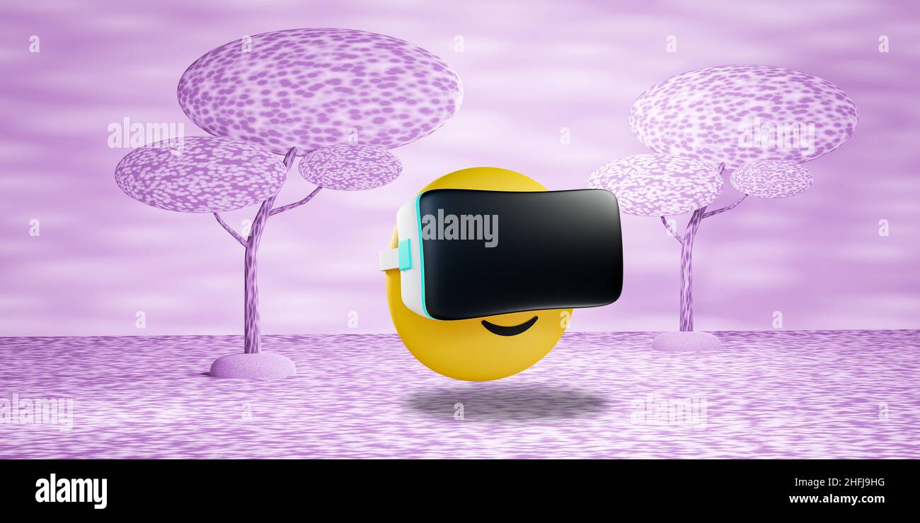 Emoji indossando cuffie per realtà virtuale, sullo sfondo metaverse, illustrazione Concept 3D Foto Stock