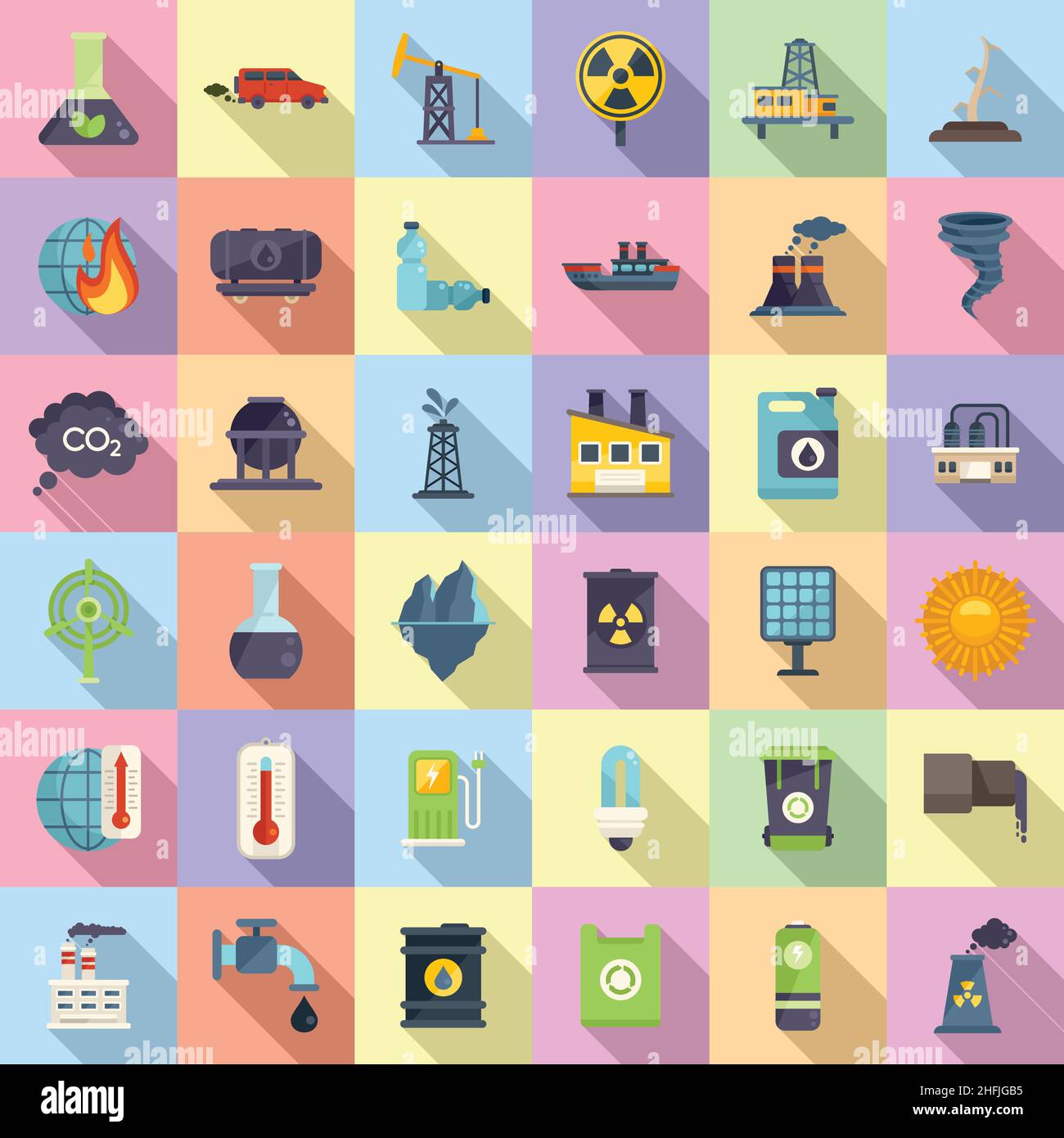 Le icone di riscaldamento globale impostano il vettore piatto. Cambiamenti climatici. Terra calda Illustrazione Vettoriale