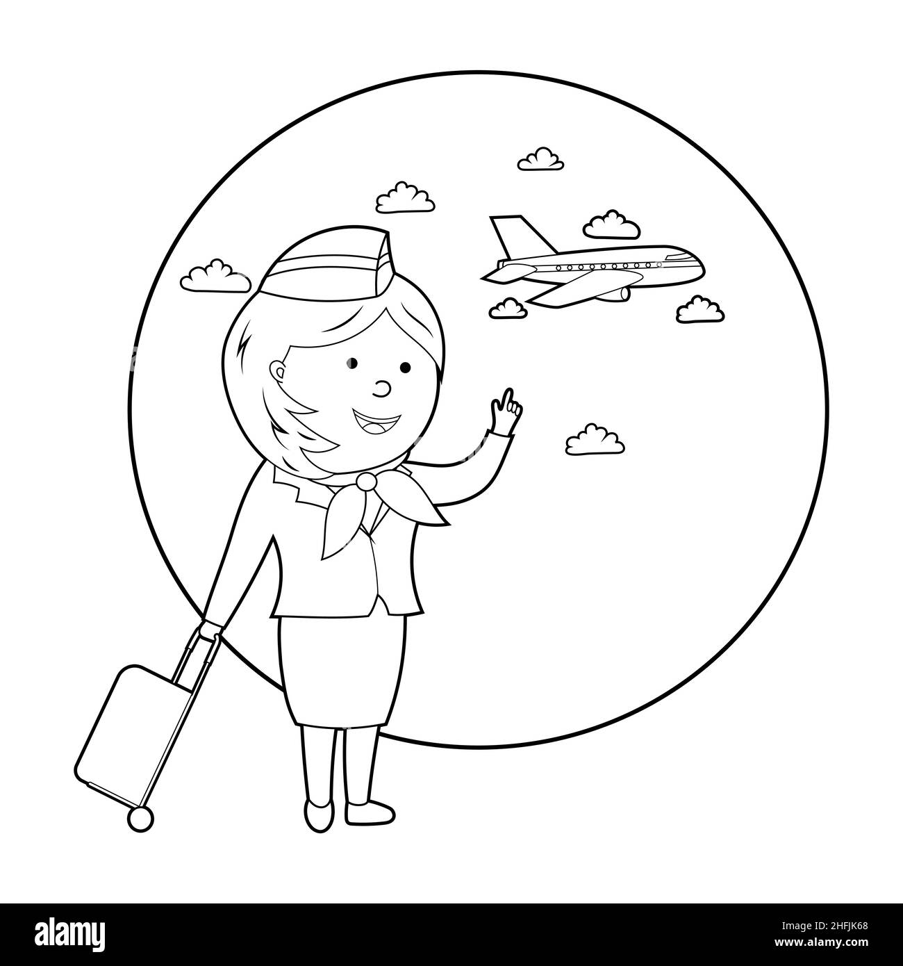 libro da colorare. illustrazione cartoon di un assistente di volo e di un aeroplano, vettore isolato su sfondo bianco Illustrazione Vettoriale