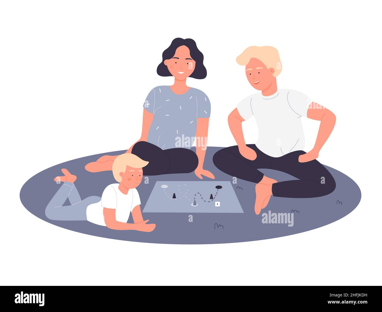 Famiglia felice con il bambino che gioca un gioco da tavolo. Persone che trascorrono tempo libero attività cartoon vettore illustrazione Illustrazione Vettoriale