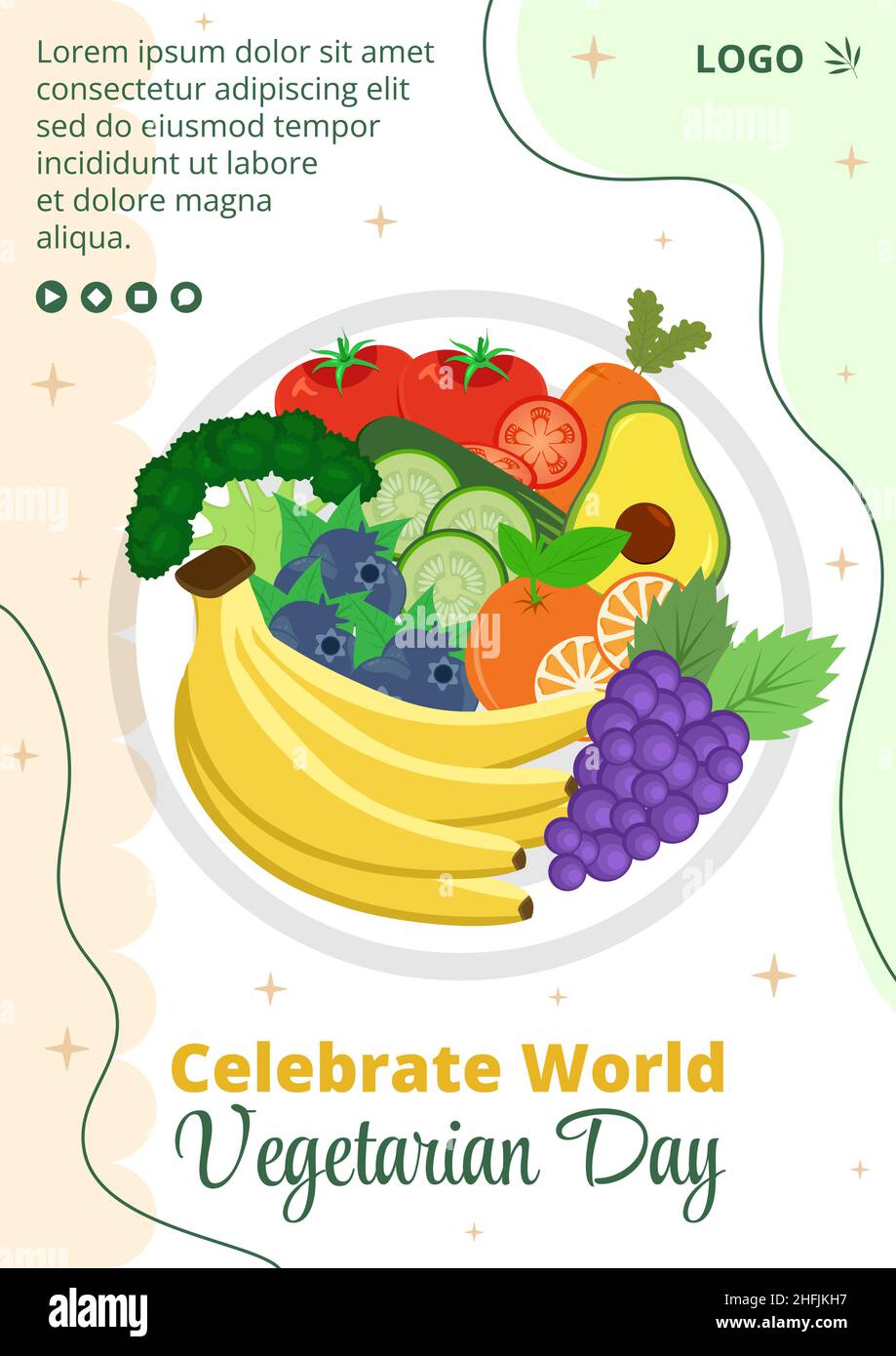 World Vegetarian Day Post Template Flat Design Illustrazione Editabile di sfondo quadrato adatto per i social media o biglietti di auguri Illustrazione Vettoriale