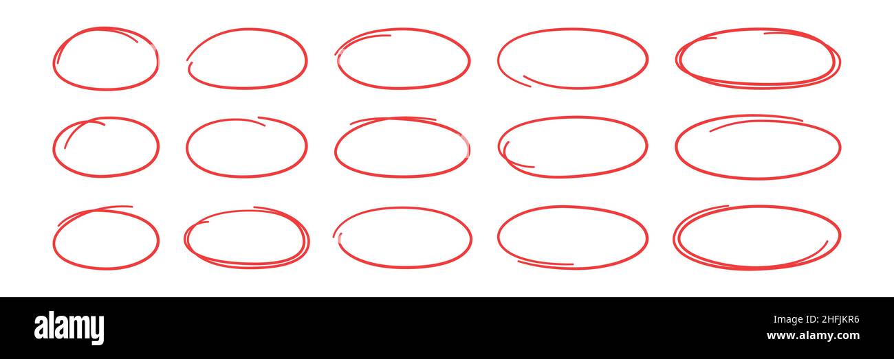 Set ovali rossi disegnati a mano. Ovali di diverse larghezze. Evidenziare i riquadri dei cerchi. Ellissi in stile doodle. Set di illustrazioni vettoriali isolate su bianco Illustrazione Vettoriale