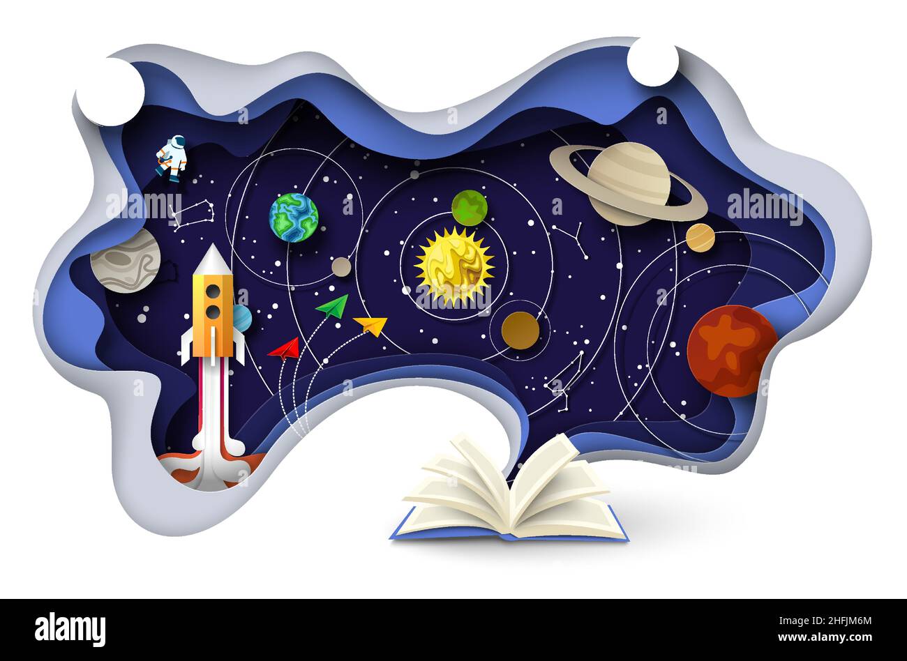 Libro aperto con cielo, pianeti, costellazioni zodiacali, cosmonauta, razzo, illustrazione del taglio della carta vettoriale. Scienza astronomica. Illustrazione Vettoriale