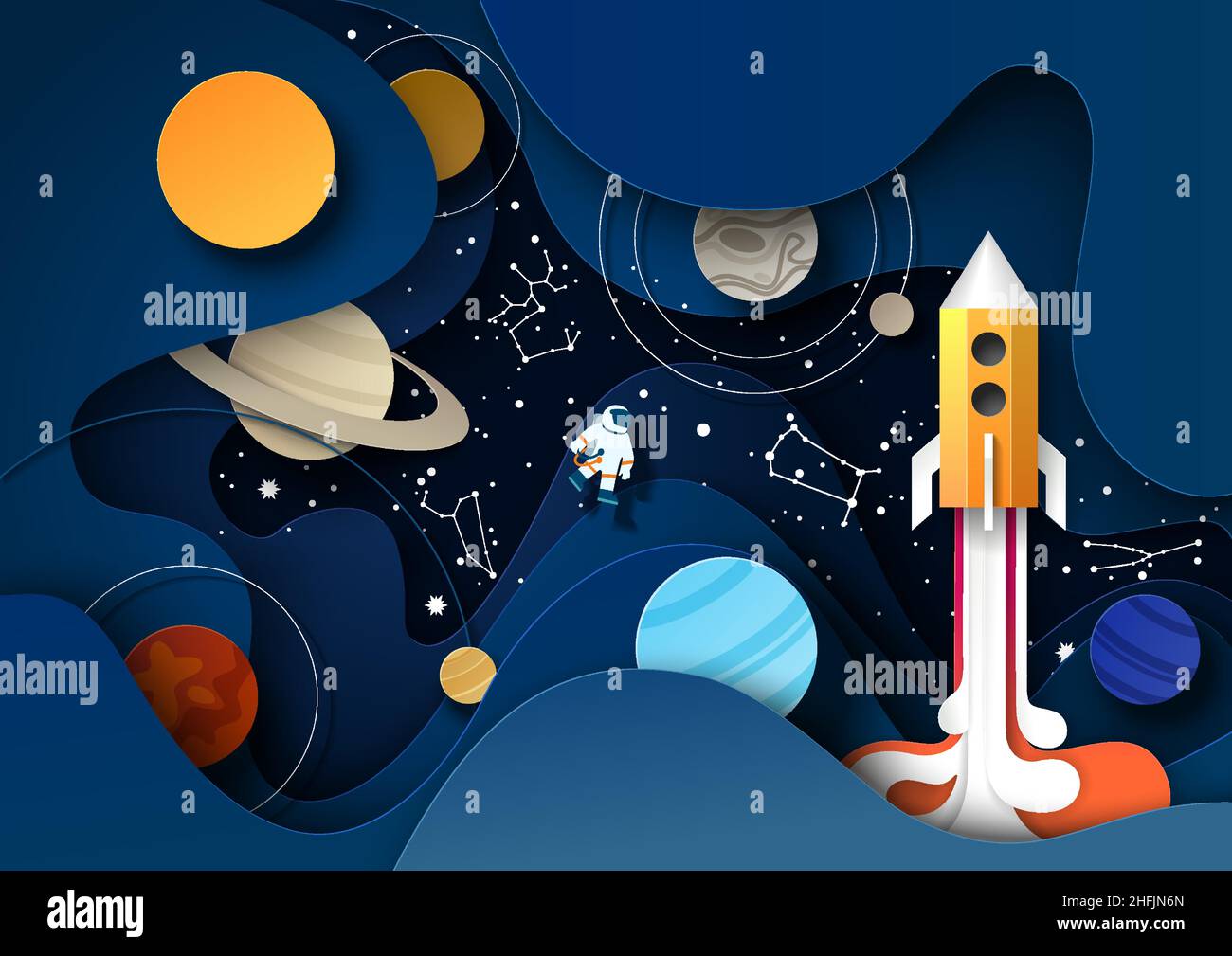 Cielo stellato di notte con pianeti del sistema solare, costellazioni, razzo, illustrazione vettoriale del taglio della carta. Scena spaziale esterna. Illustrazione Vettoriale