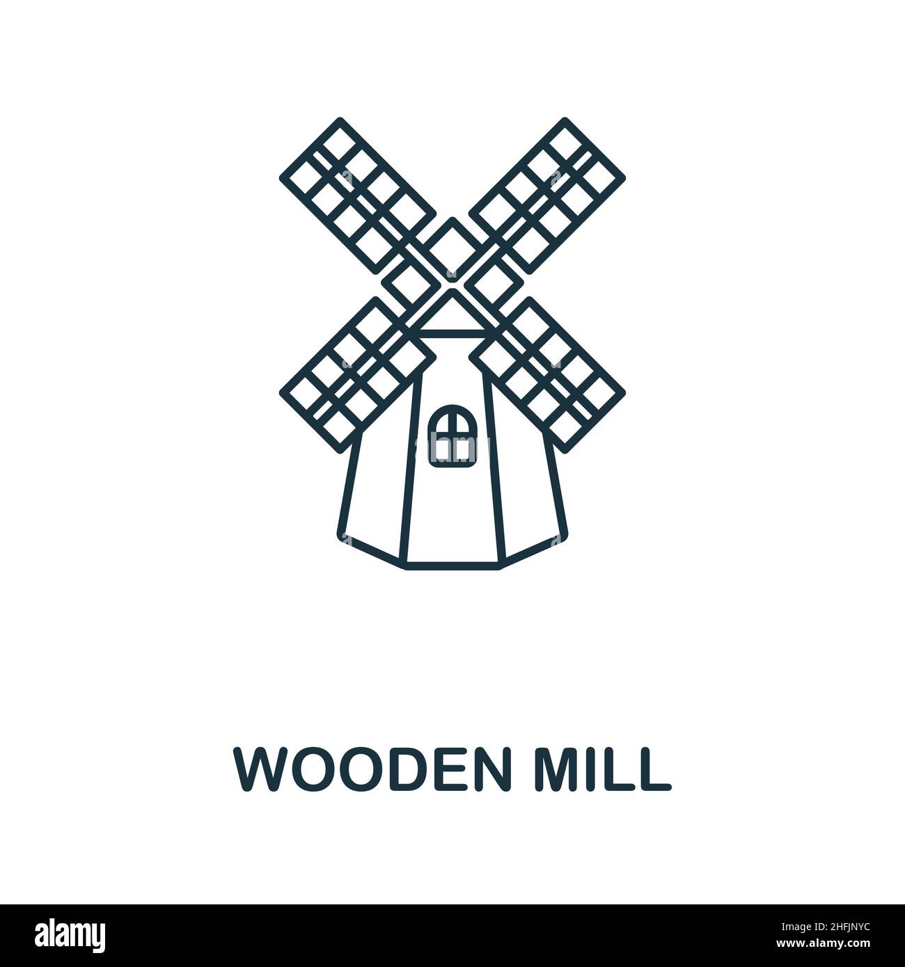Icona del Mulino di legno. Elemento linea da raccolta agricoltura. Lineare legno Mill segno icona per il web design, infografica e più. Illustrazione Vettoriale