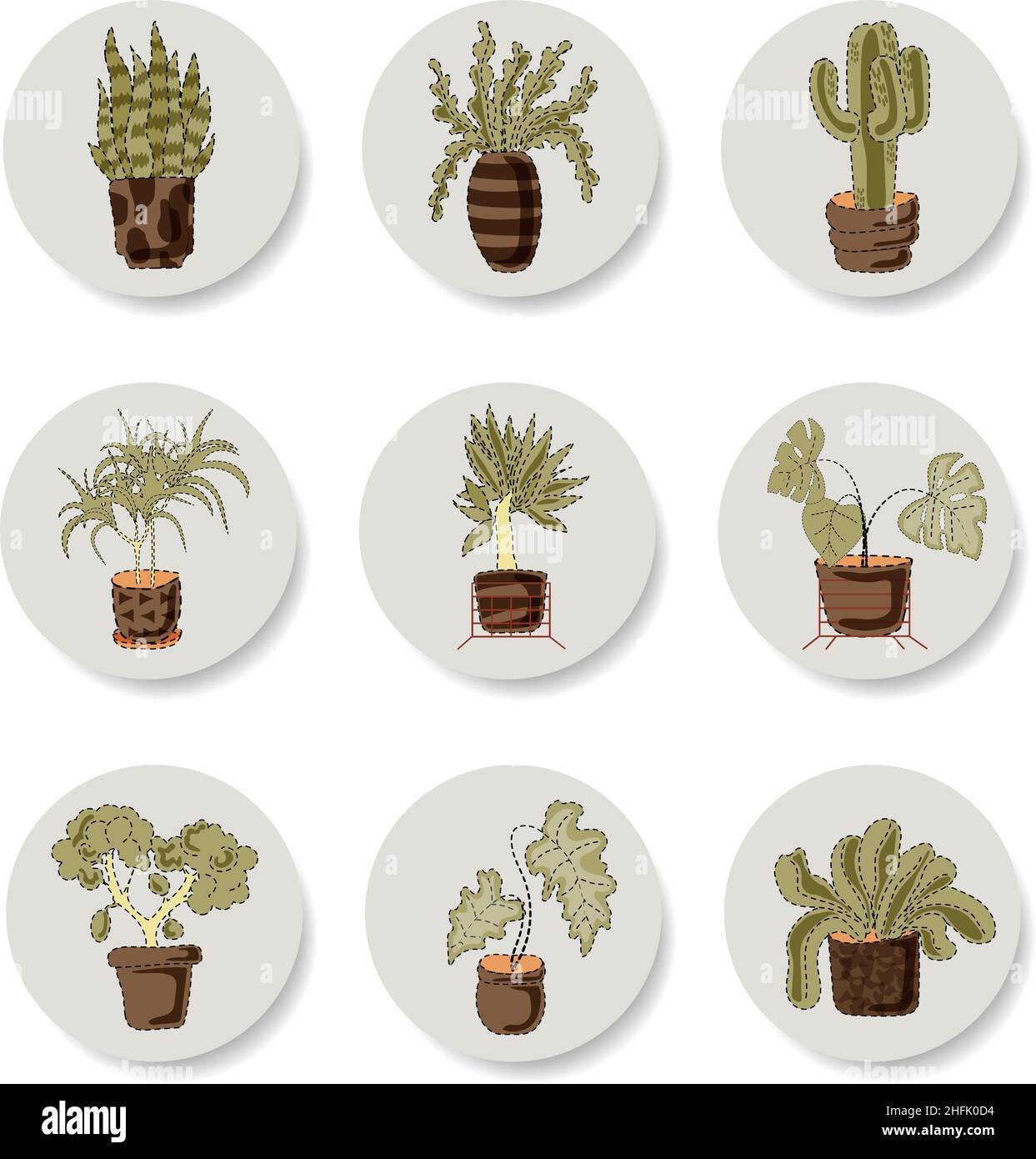 Adesivi isolati su sfondo bianco. Una serie di piante da interno: cactus, monstera, dracaena e altri. Pentole di pianta varie. Vettoriale in stile piatto. Illustrazione Vettoriale