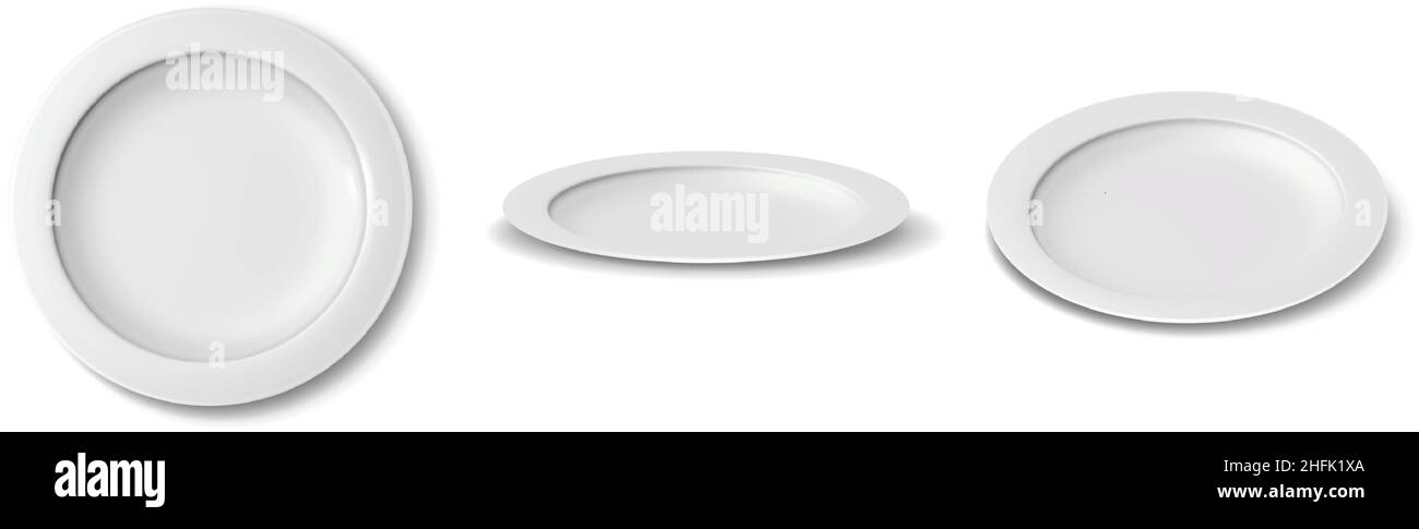 3d set di icone vettoriali realistiche. Piastre in porcellana bianca in vista laterale, frontale e dall'alto. Isolato su sfondo bianco. Illustrazione Vettoriale