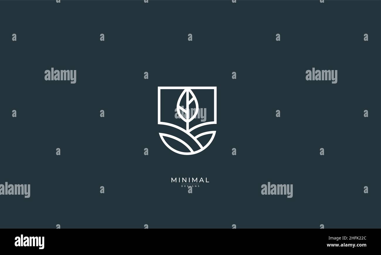 Un logo icona di disegno a linee di un campo con una foglia Illustrazione Vettoriale