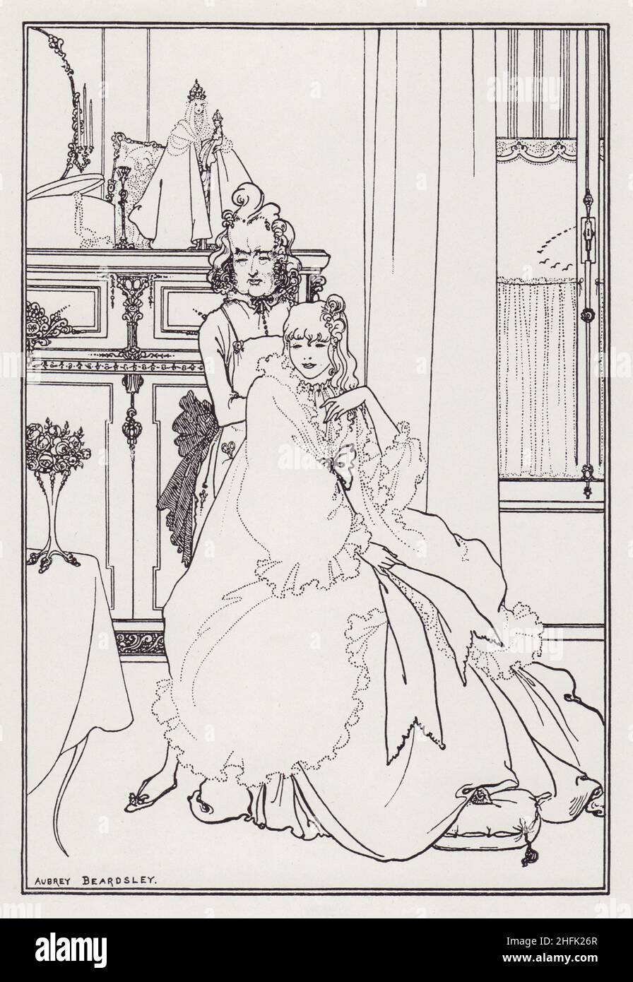 Il Coiffing, dalla Savoia No. 3, 1896. Donna con il suo parrucchiere. Nota la linea diagonale che si eleva dallo sgabello al cielo sulla testa della Vergine Maria. Illustrazione per il poema di Beardsley "la Ballata del Barbiere", "una piccola favola accuratamente lavorata e agghiacciante riguardante una principessa di tredici anni e un coiffeur Sweeney Todd-like che le slits la gola con il bicchiere frastagliato di una bottiglia rotta di colonia, e poi si scricchiola via "su piedi appuntiti". Pubblicato in "The Best of Beardsley" a cura di R. A. Walker, [The Bodley Head, London, 1948] Foto Stock