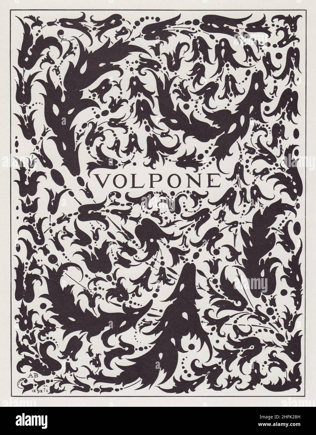 Copertina Design a Volpone di ben Jonson, 1898. Copertina di un'edizione della commedia di ben Jonson, pubblicata da Leonard Smithers. L'ultimo disegno di copertina di Beardsley; anche se datato Parigi 1898, fu finito a Mentone nel dicembre 1897, poco prima della morte di beardsley. Da "The Best of Beardsley" a cura di R. A. Walker, [The Bodley Head, London, 1948] Foto Stock