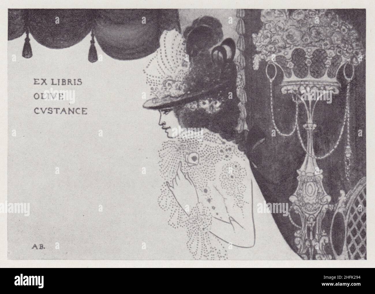 Libro-piatto di Custodia dell'Olive (Lady Alfred Douglas), 1897. Il poeta inglese Olive Custance contribuì al periodico letterario The Yellow Book. Beardsley fu il suo primo editore d'arte, ma John Lane dispensò i servizi di Beardley sulla scia dello scandalo Oscar Wilde. Wilde ebbe un rapporto omosessuale con Lord Alfred Douglas, che in seguito ripudiò Wilde, e sposò Olive Custance nel 1902. Da "The Best of Beardsley" a cura di R. A. Walker, [The Bodley Head, London, 1948] Foto Stock